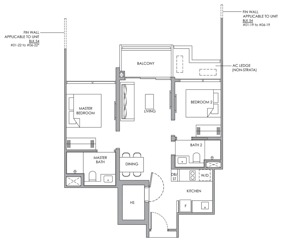 Narra Residences floor plan, type B4H: 2-Bedroom with HS, 689 sq ft