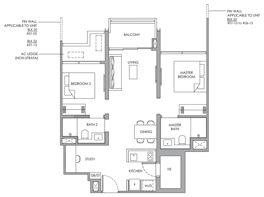 Narra Residences floor plan, type B7H-S: 2-Bedroom with HS + Study, 721 sq ft