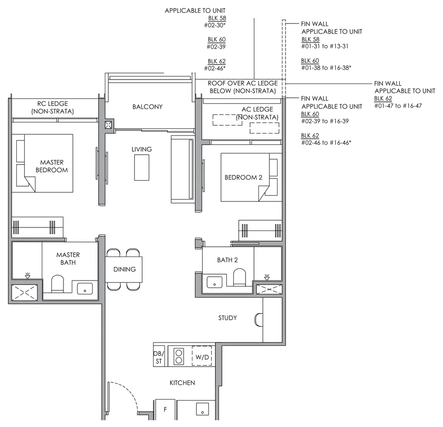 Narra Residences floor plan, type B8S: 2-Bedroom with Study, 721 sq ft