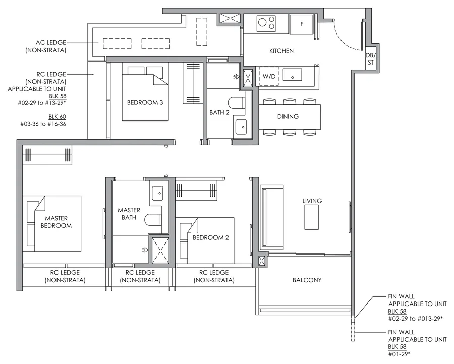 Narra Residences floor plan, type C1: 3-Bedroom Compact, 818 sq ft