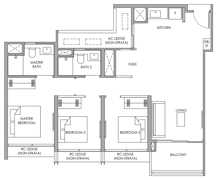 Narra Residences floor plan, type C2: 3-Bedroom Flexi, 872 sq ft