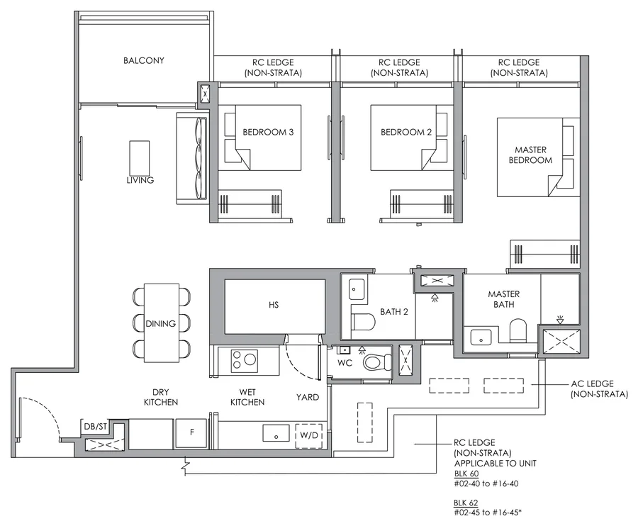 Narra Residences floor plan, type C3P: 3-Bedroom Premium, 1,001 sq ft
