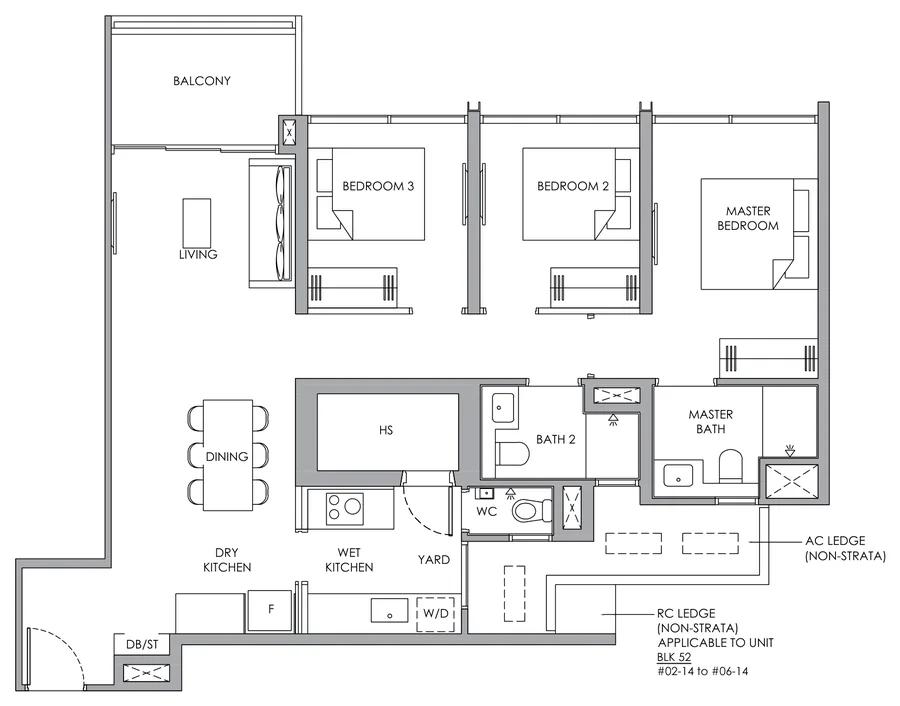 Narra Residences floor plan, type C4P: 3-Bedroom Premium, 1,012 sq ft