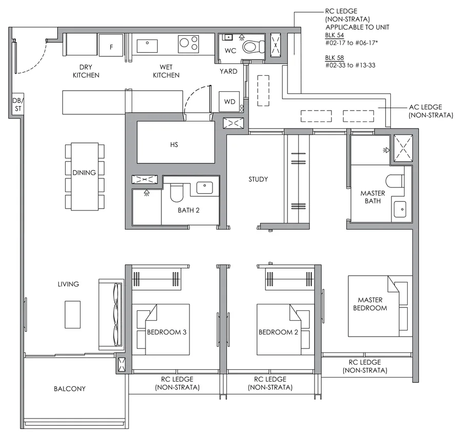 Narra Residences floor plan, type C9S: 3-Bedroom with Study, 1,152 sq ft