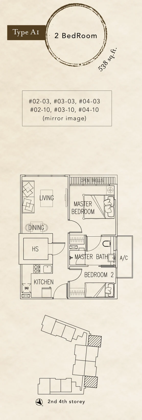 Naung Residence floor plan, type A1: 2-Bedroom, 538 sq ft