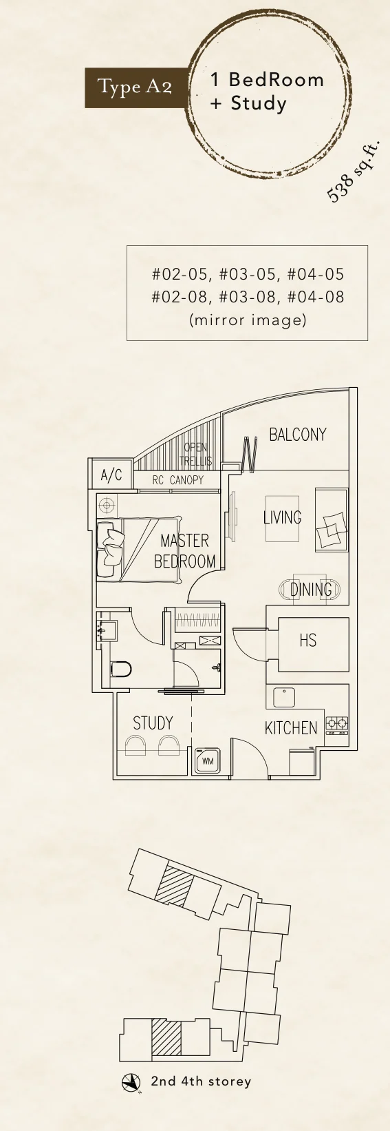 Naung Residence floor plan, type A2: 1-Bedroom, 538 sq ft