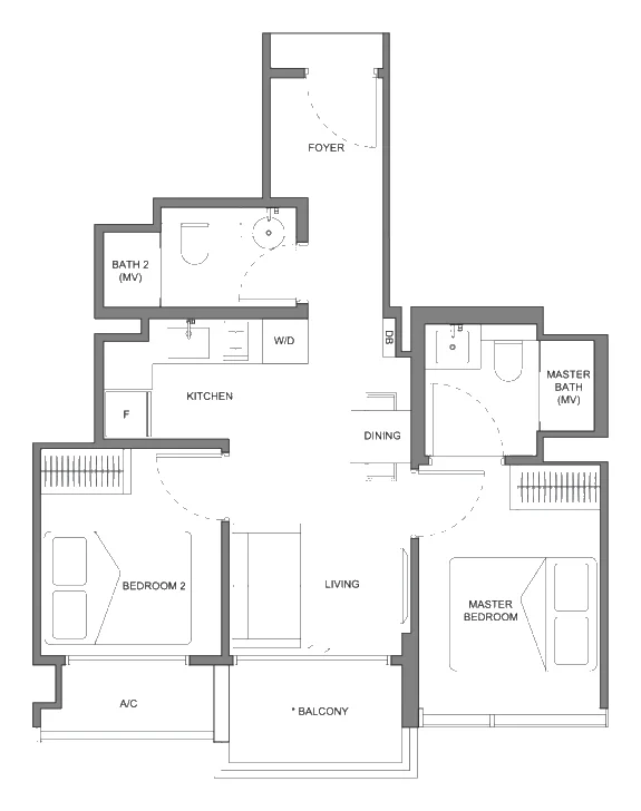 Neu @ Novena floor plan, type A1: 2-Bedroom, 549 sq ft