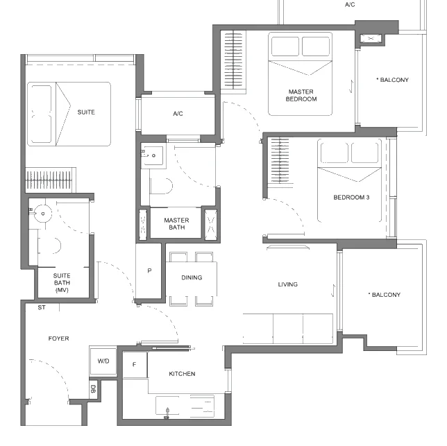 Neu @ Novena floor plan, type B: 3-Bedroom (dual key), 818 sq ft