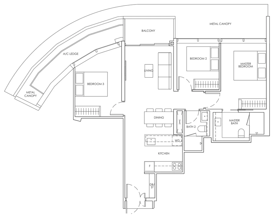 Newport Residences floor plan, type C1: 3-Bedroom, 980 sq ft
