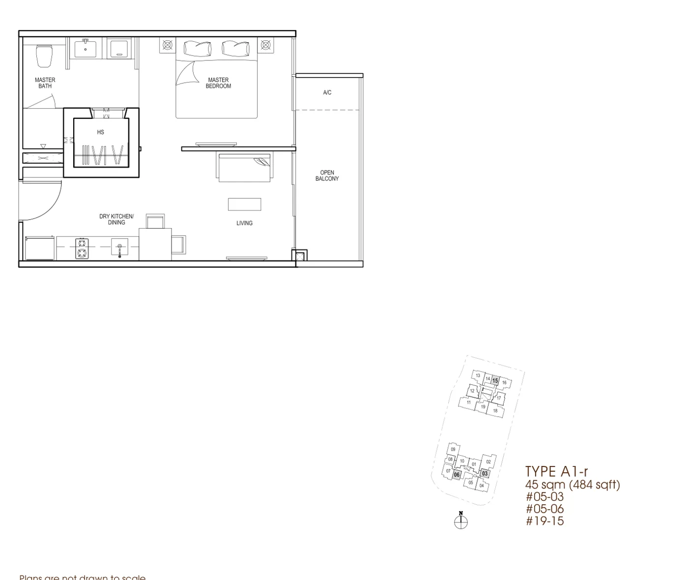 Nin Residence floor plan, type A1-r: 1-Bedroom, 484 sq ft