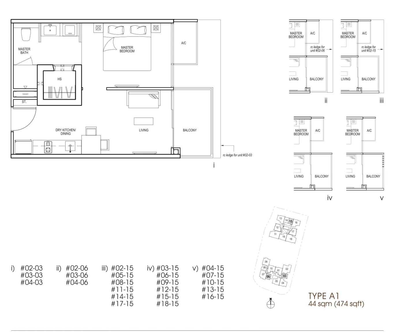 Nin Residence floor plan, type A1: 1-Bedroom, 474 sq ft