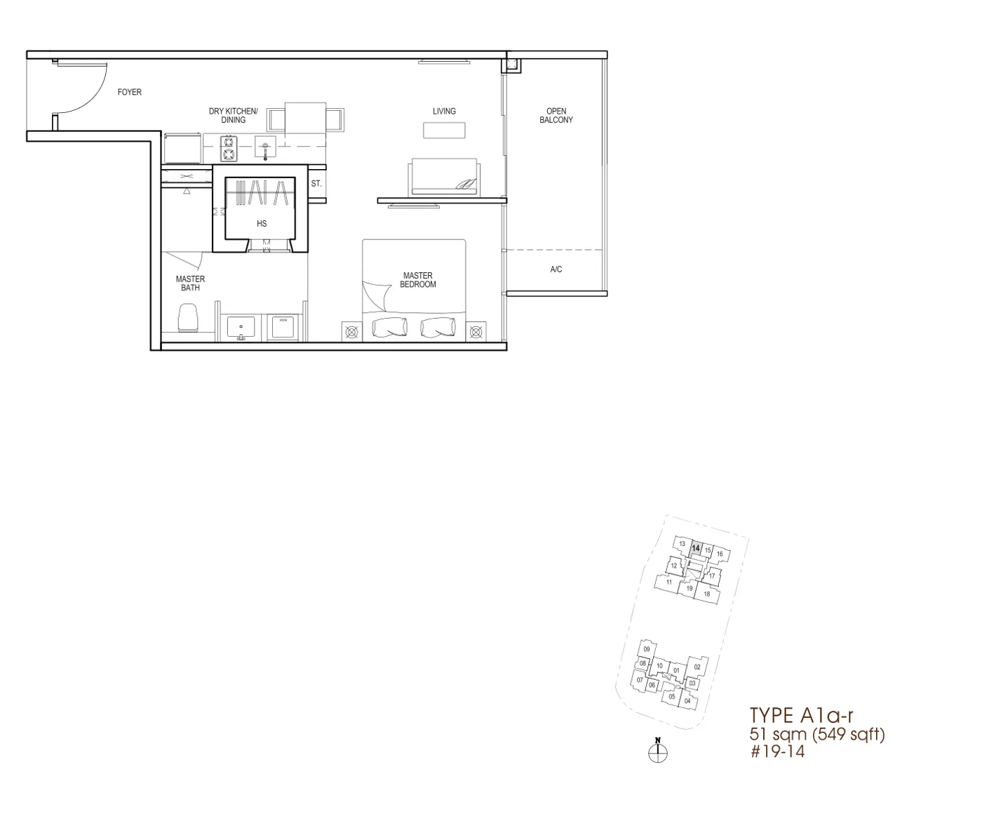 Nin Residence floor plan, type A1a-r: 1-Bedroom, 549 sq ft