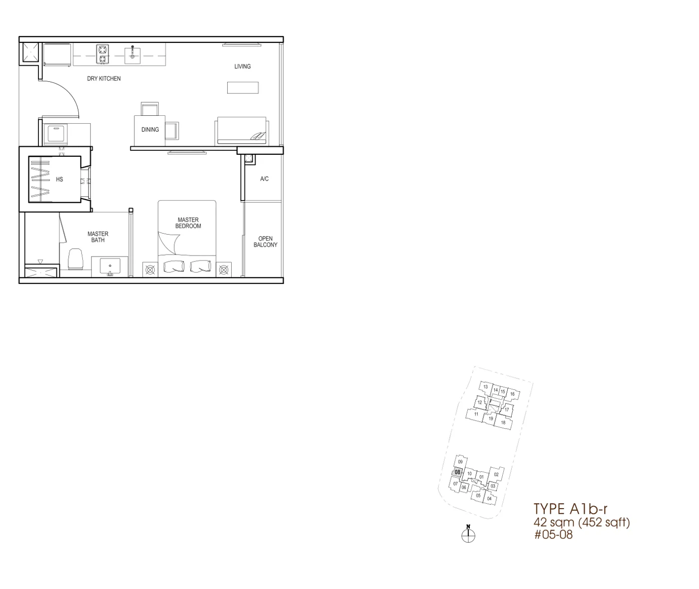Nin Residence floor plan, type A1b-r: 1-Bedroom, 452 sq ft
