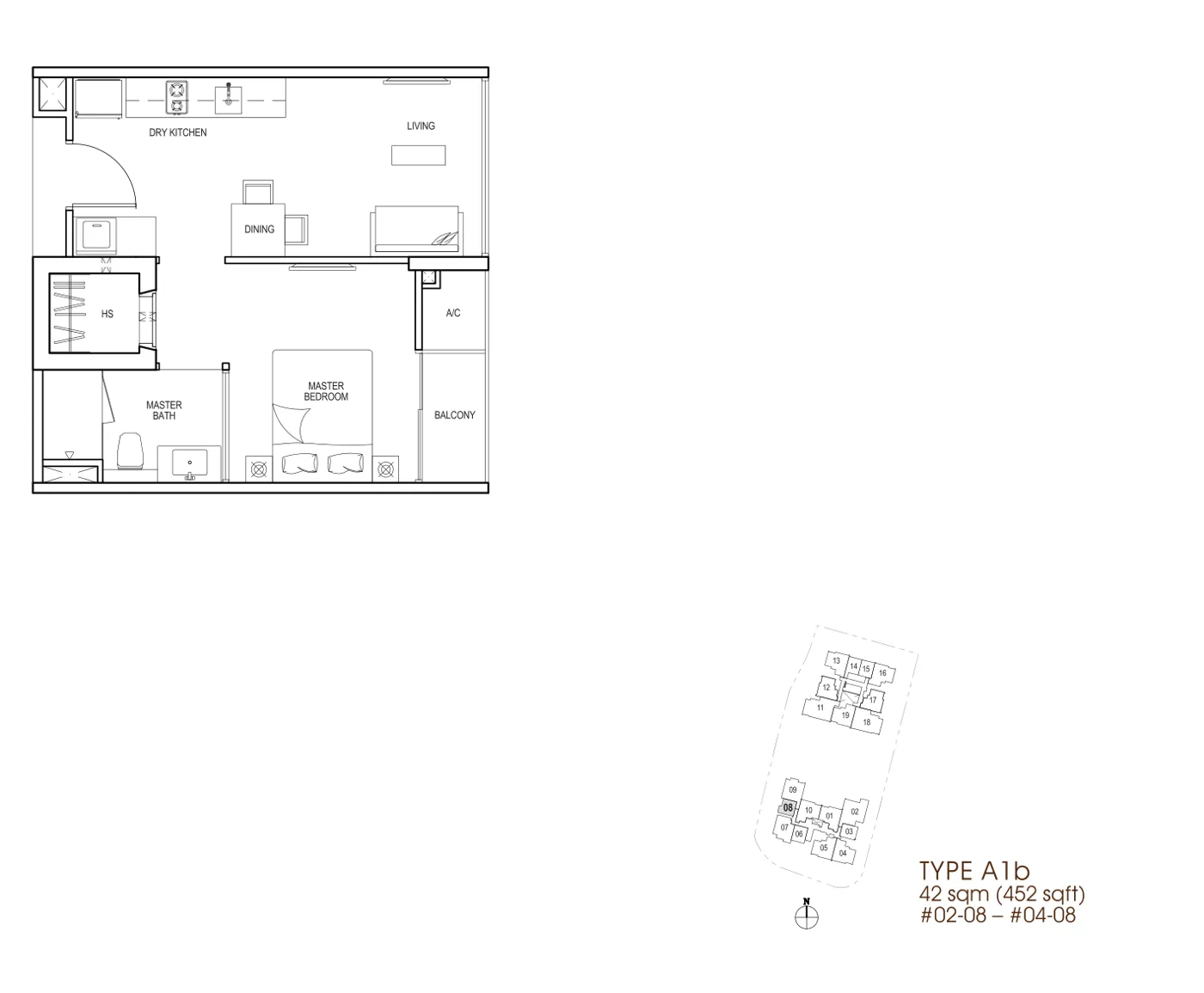 Nin Residence floor plan, type A1b: 1-Bedroom, 452 sq ft