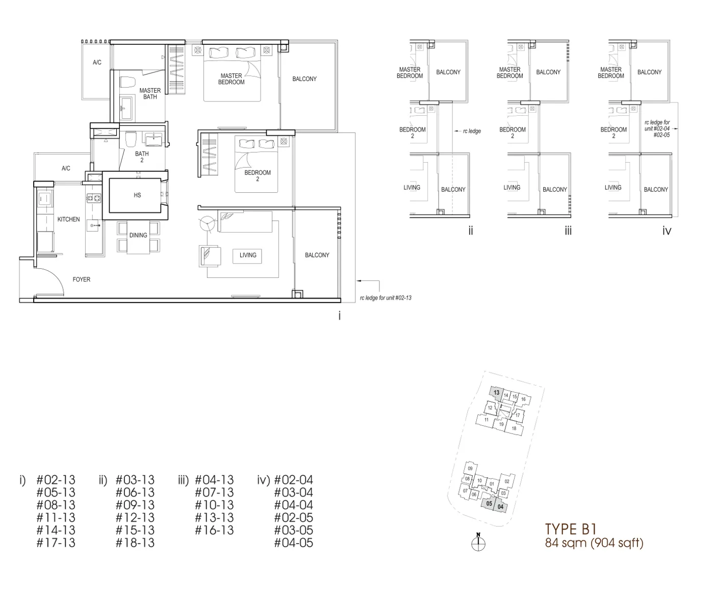 Nin Residence floor plan, type B1: 2-Bedroom, 904 sq ft