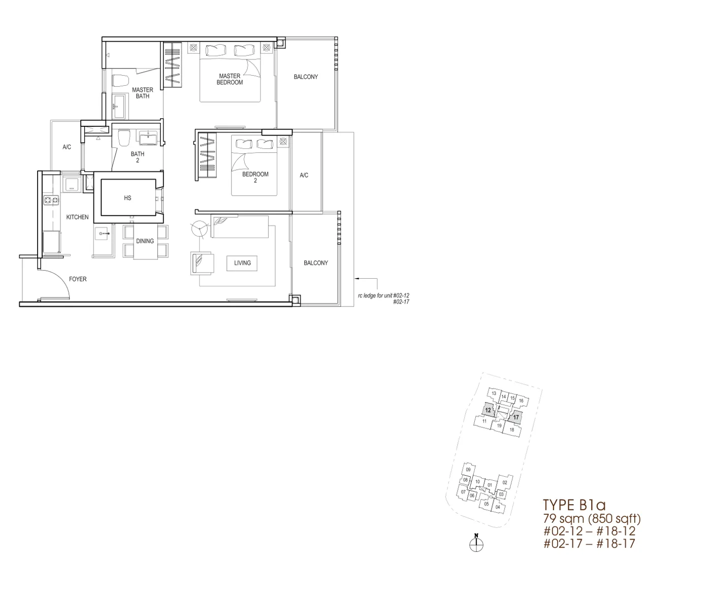 Nin Residence floor plan, type B1a: 2-Bedroom, 850 sq ft