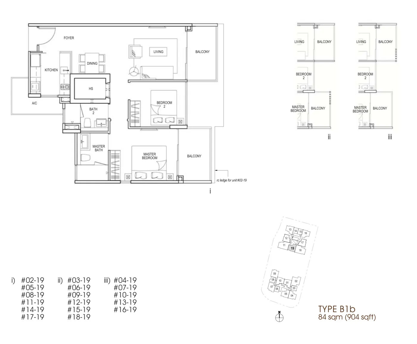 Nin Residence floor plan, type B1b: 2-Bedroom, 904 sq ft