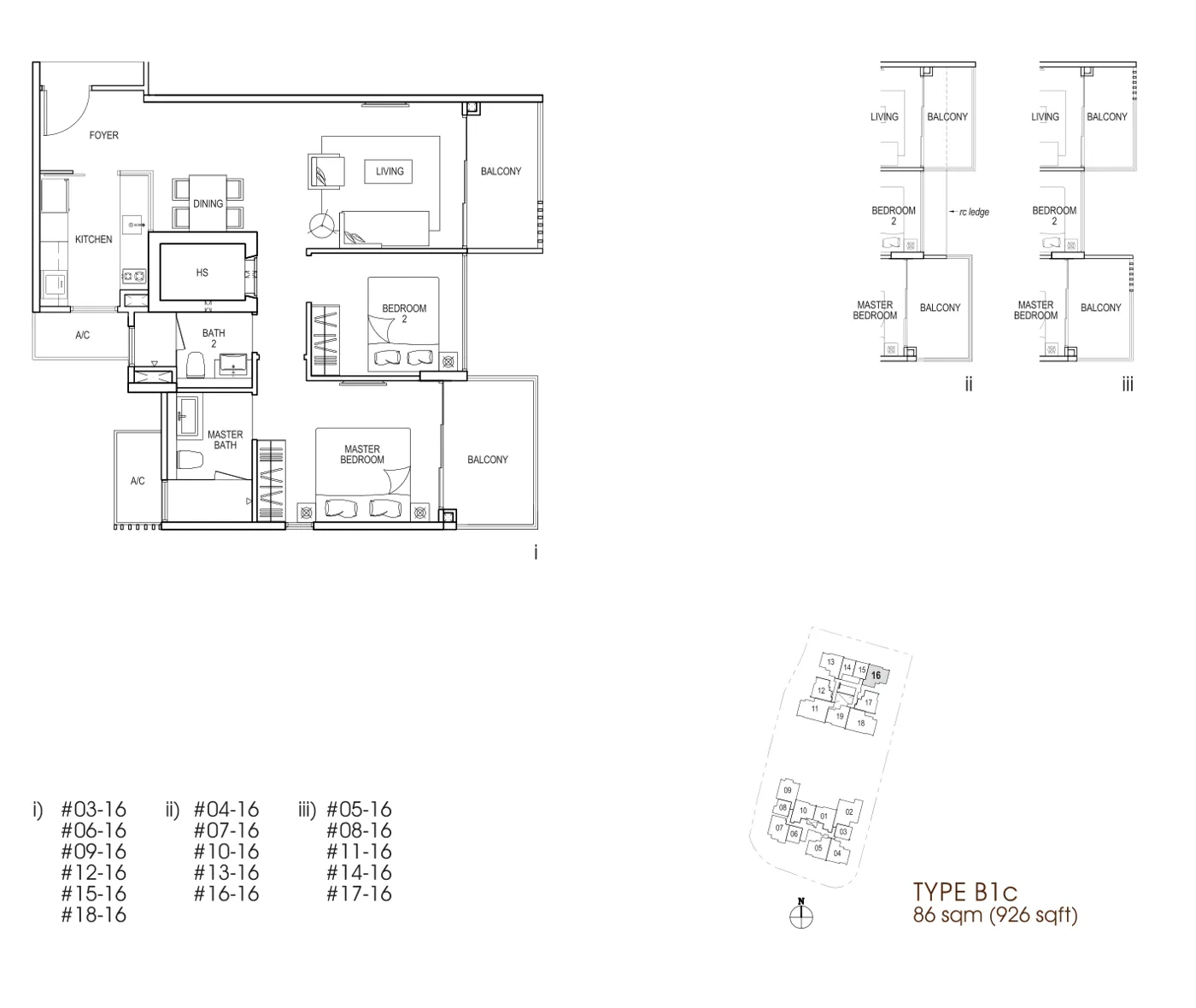 Nin Residence floor plan, type B1c: 2-Bedroom, 926 sq ft