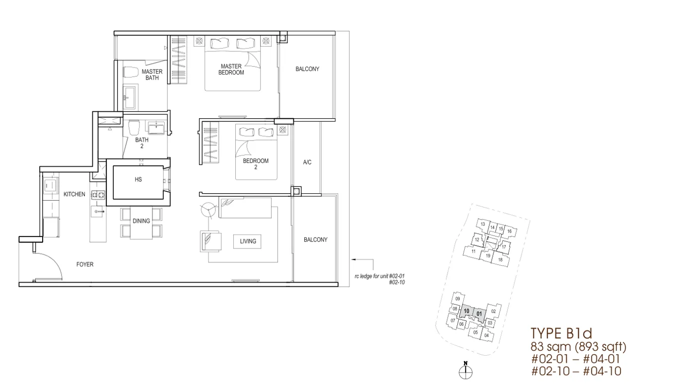 Nin Residence floor plan, type B1d: 2-Bedroom, 893 sq ft
