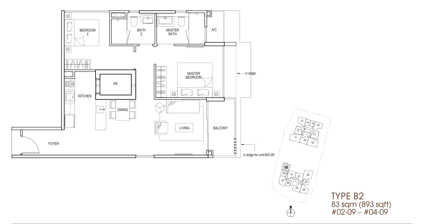 Nin Residence floor plan, type B2: 2-Bedroom, 893 sq ft