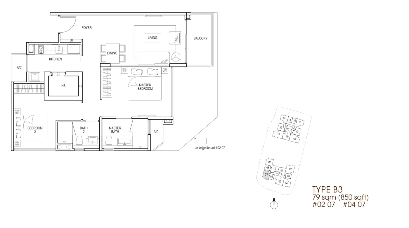 Nin Residence floor plan, type B3: 2-Bedroom, 850 sq ft