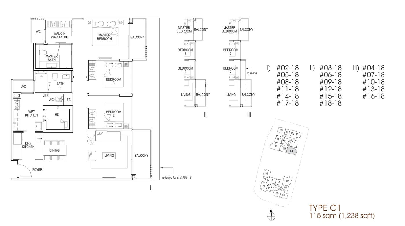 Nin Residence floor plan, type C1: 3-Bedroom, 1,238 sq ft