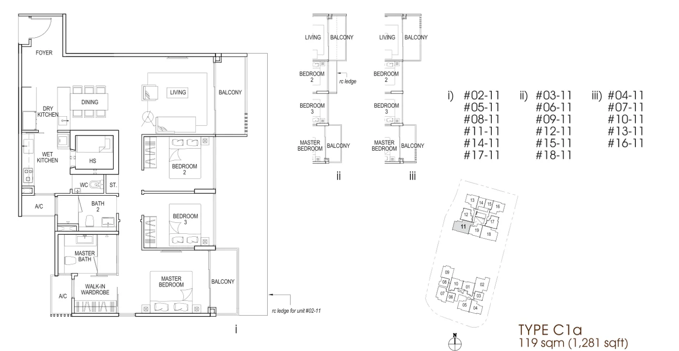 Nin Residence floor plan, type C1a: 3-Bedroom, 1,281 sq ft