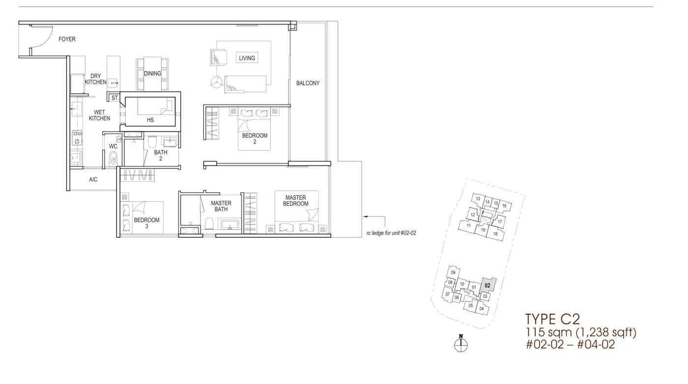 Nin Residence floor plan, type C2: 3-Bedroom, 1,238 sq ft
