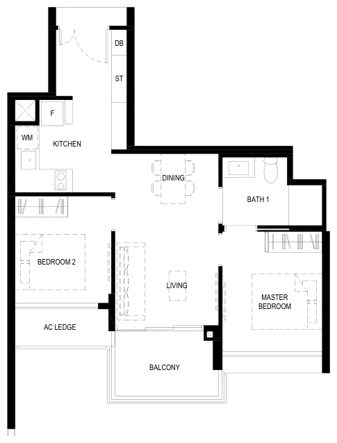 Normanton Park floor plan, type 2BR-CaR: 2-bedroom, 635 sq ft