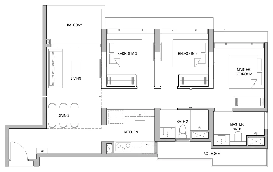 North Gaia floor plan, type C1: 3-Bedroom, 958 sq ft