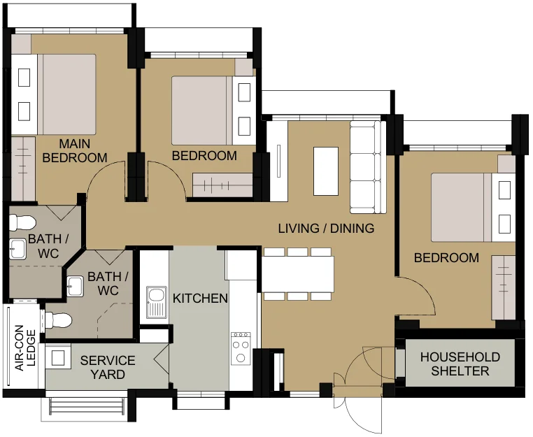 Northshore Edge floor plan, type 4R: 4-room, 96 sqm, 1,033 sq ft