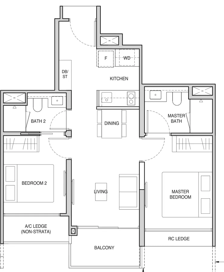 Norwood Grand floor plan, type B1: 2-Bedroom, 624 sq ft