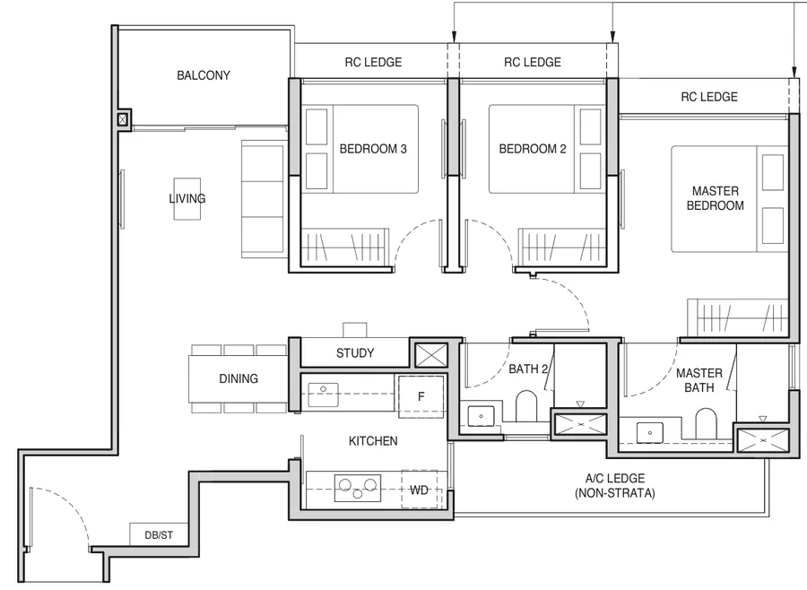 Norwood Grand floor plan, type C1: 3-Bedroom Deluxe, 872 sq ft