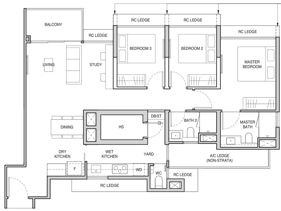 Norwood Grand floor plan, type C4PS: 3-Bedroom Premium + Study, 1,044 sq ft