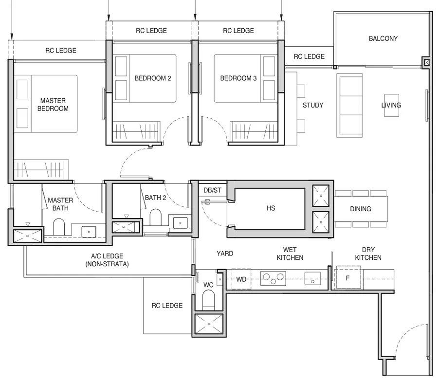 Norwood Grand floor plan, type C5PS: 3-Bedroom Premium + Study, 1,044 sq ft