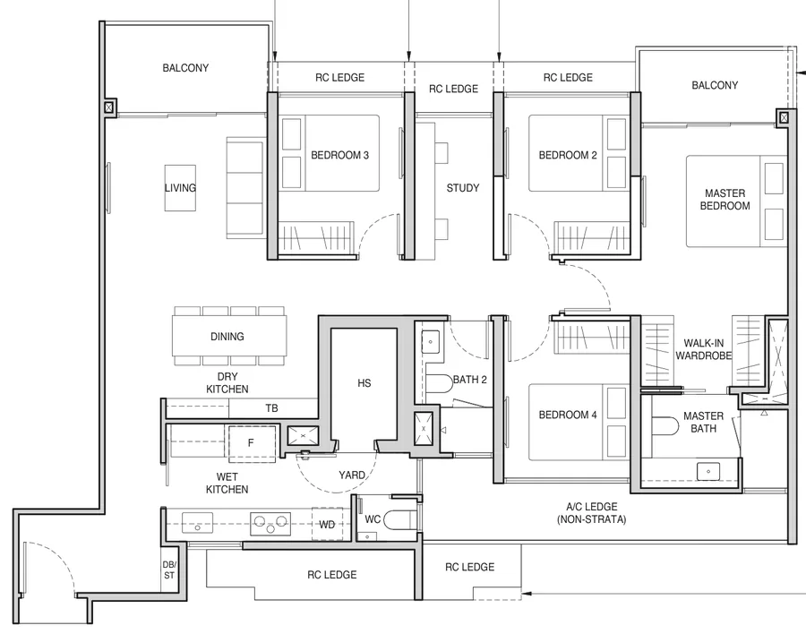 Norwood Grand floor plan, type D2PS: 4-Bedroom Premium + Study, 1,313 sq ft