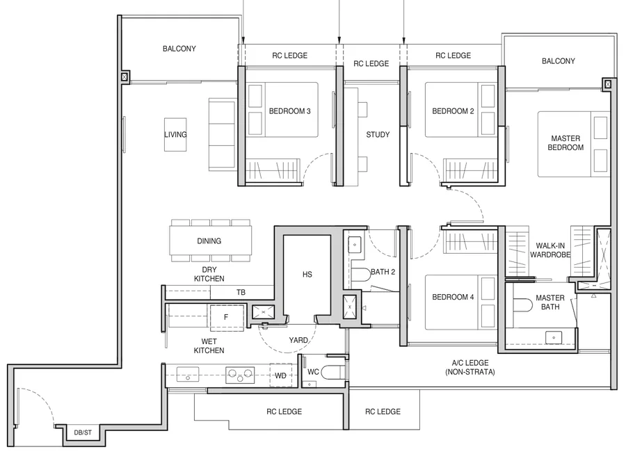 Norwood Grand floor plan, type D3PS: 4-Bedroom Premium + Study, 1,335 sq ft