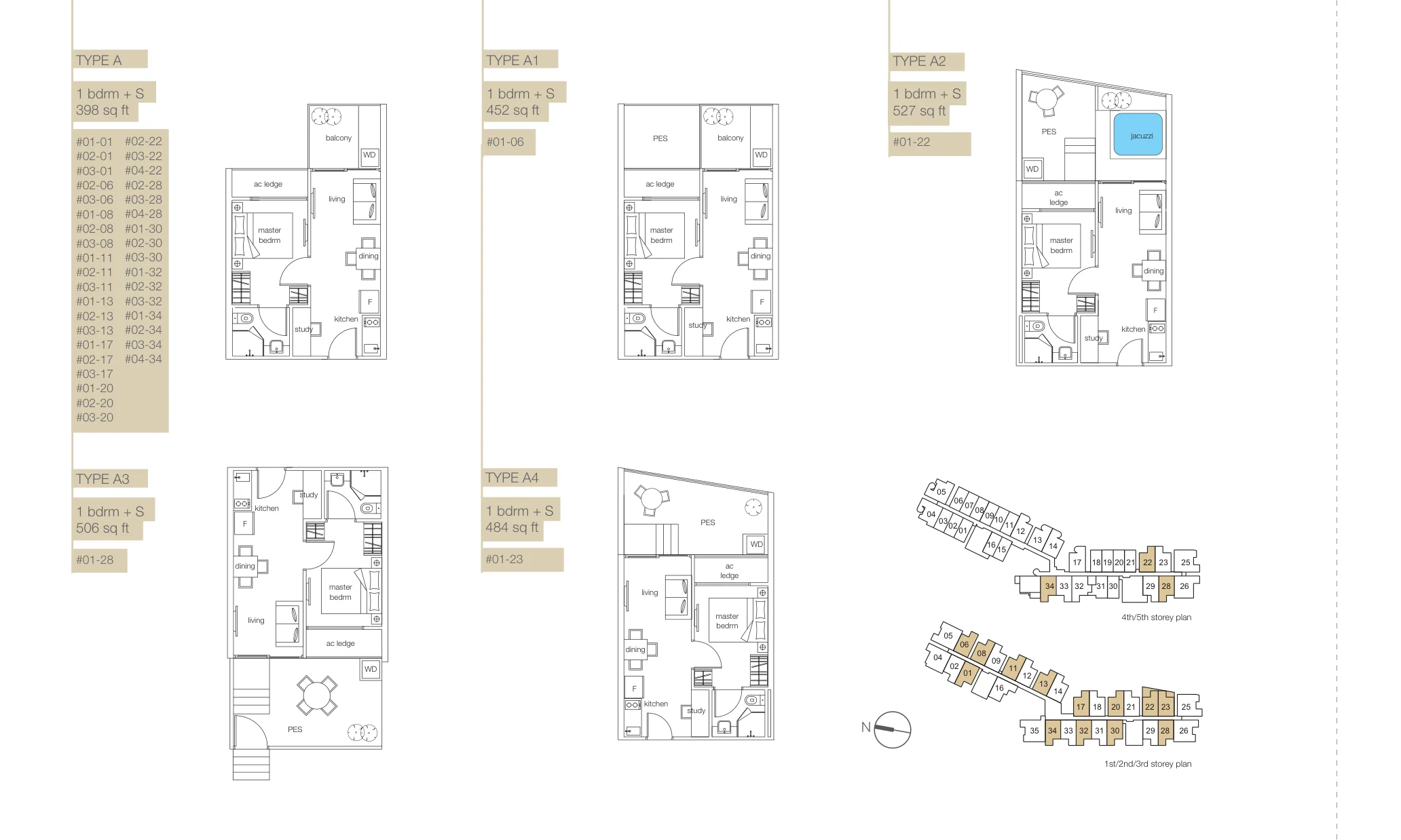 NottingHill Suites floor plan, type A: 1-Bedroom + Study, 398 sq ft