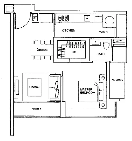 One Amber floor plan, type A1: 1-Bedroom, 570 sq ft