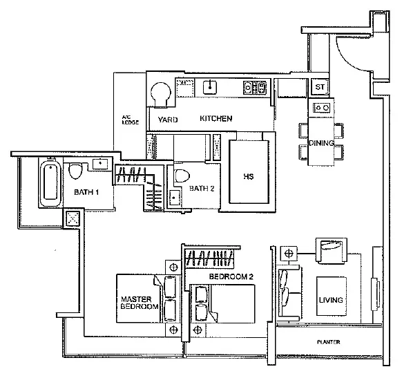 One Amber floor plan, type B1: 2-Bedroom, 958 sq ft