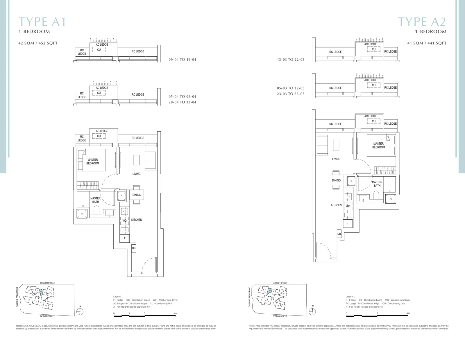 One Bernam floor plan, type A2: 1-Bedroom, 441 sq ft