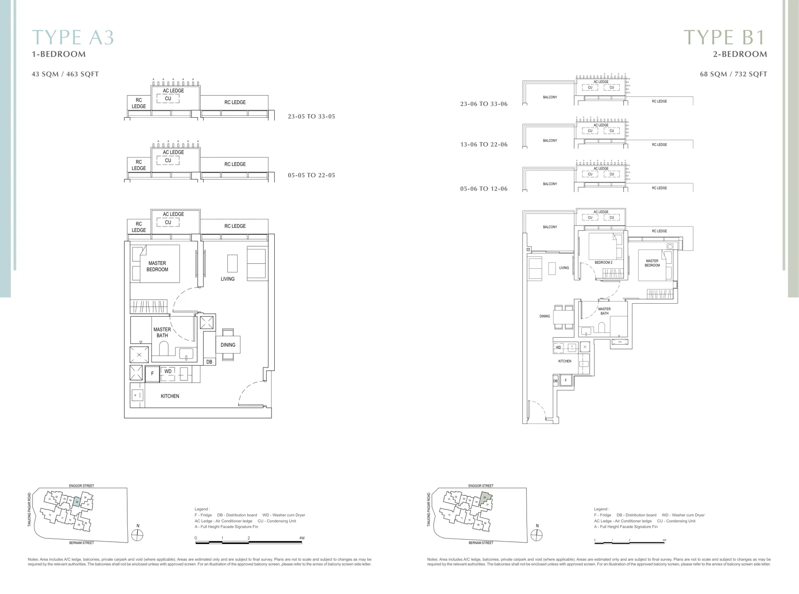 One Bernam floor plan, type A3: 1-Bedroom, 463 sq ft