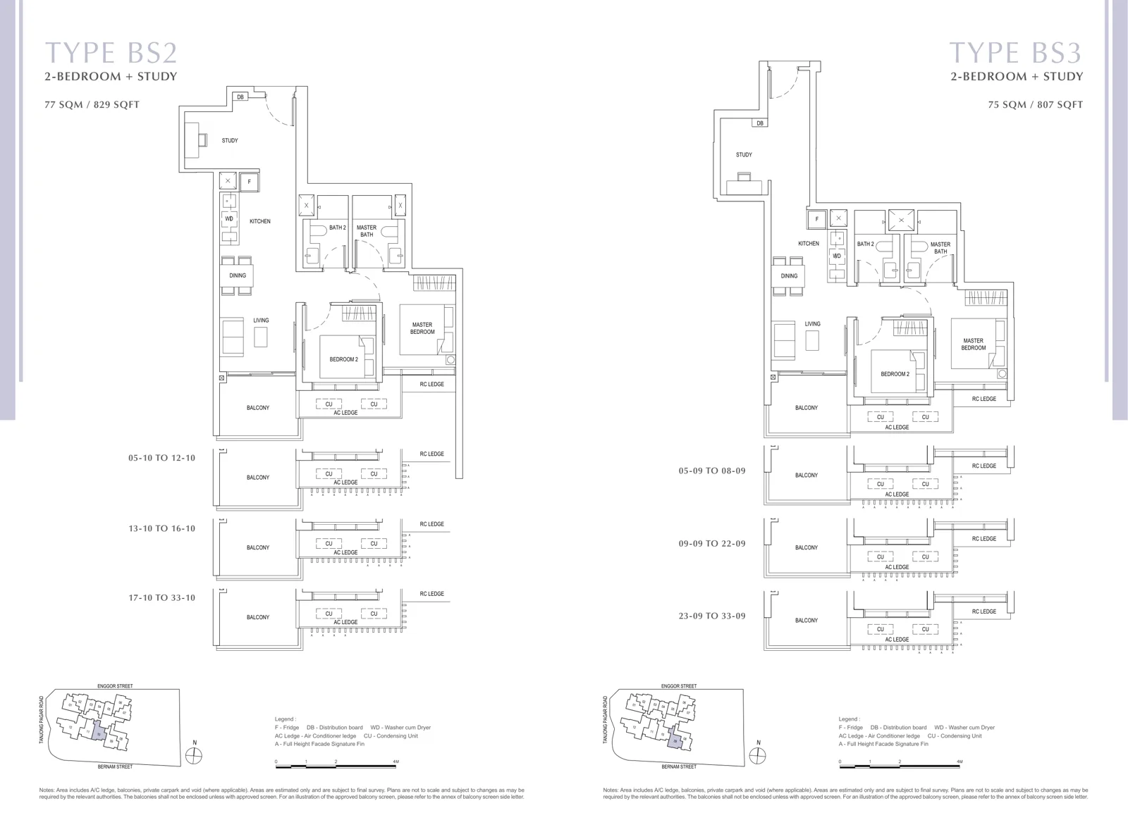 One Bernam floor plan, type BS3: 2-Bedroom + Study, 807 sq ft