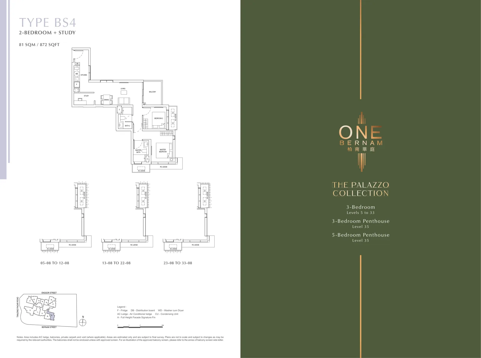 One Bernam floor plan, type BS4: 2-Bedroom + Study, 872 sq ft