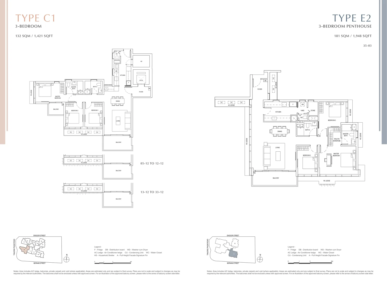 One Bernam floor plan, type C1: 3-Bedroom, 1,421 sq ft