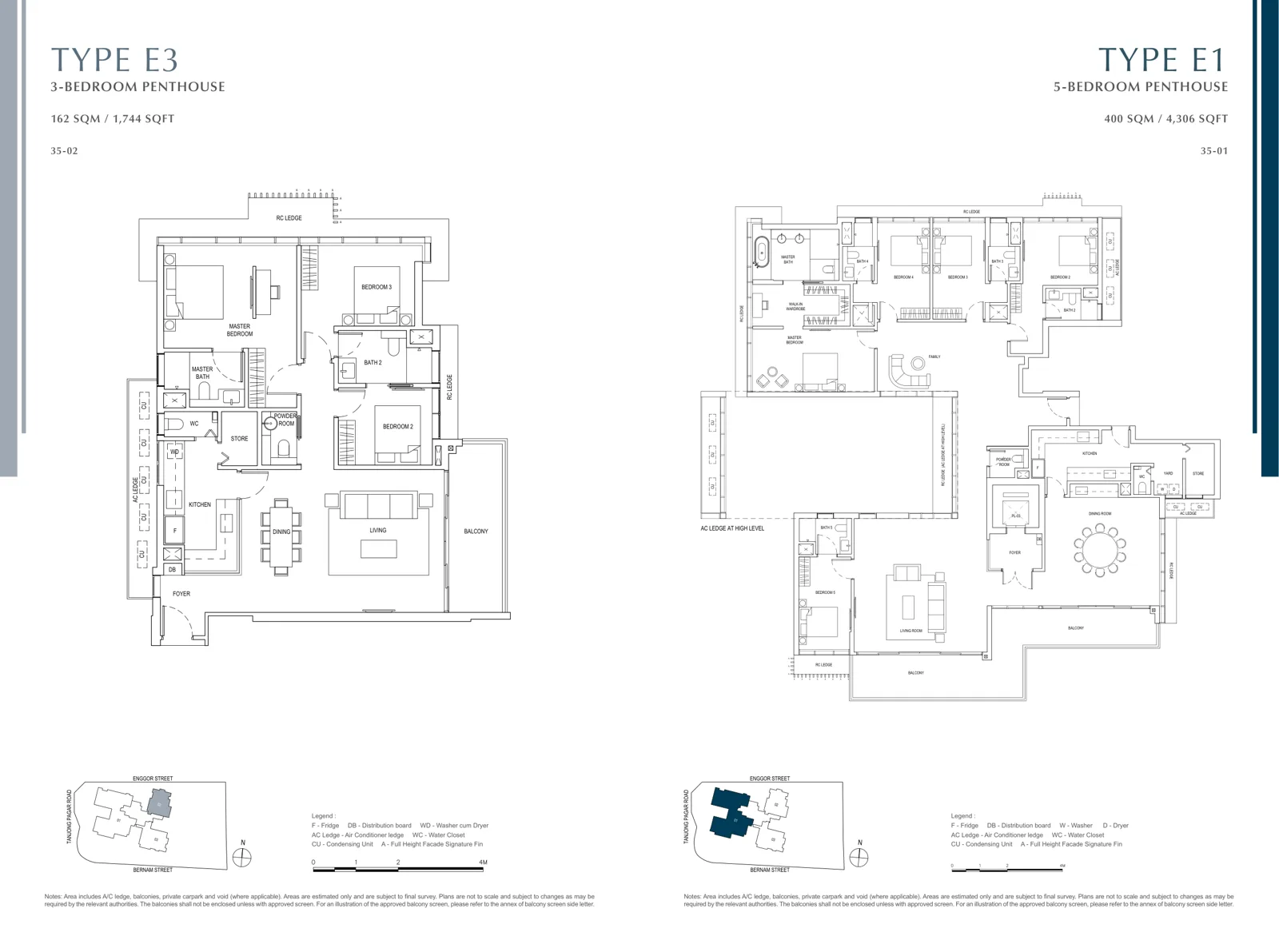 One Bernam floor plan, type E3: Penthouse, 3 bedrooms, 1,744 sq ft