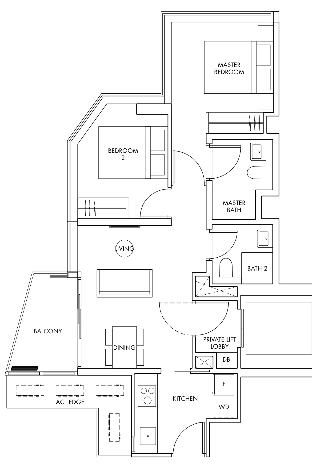 One Draycott floor plan, type B1: 2-Bedroom, 732 sq ft