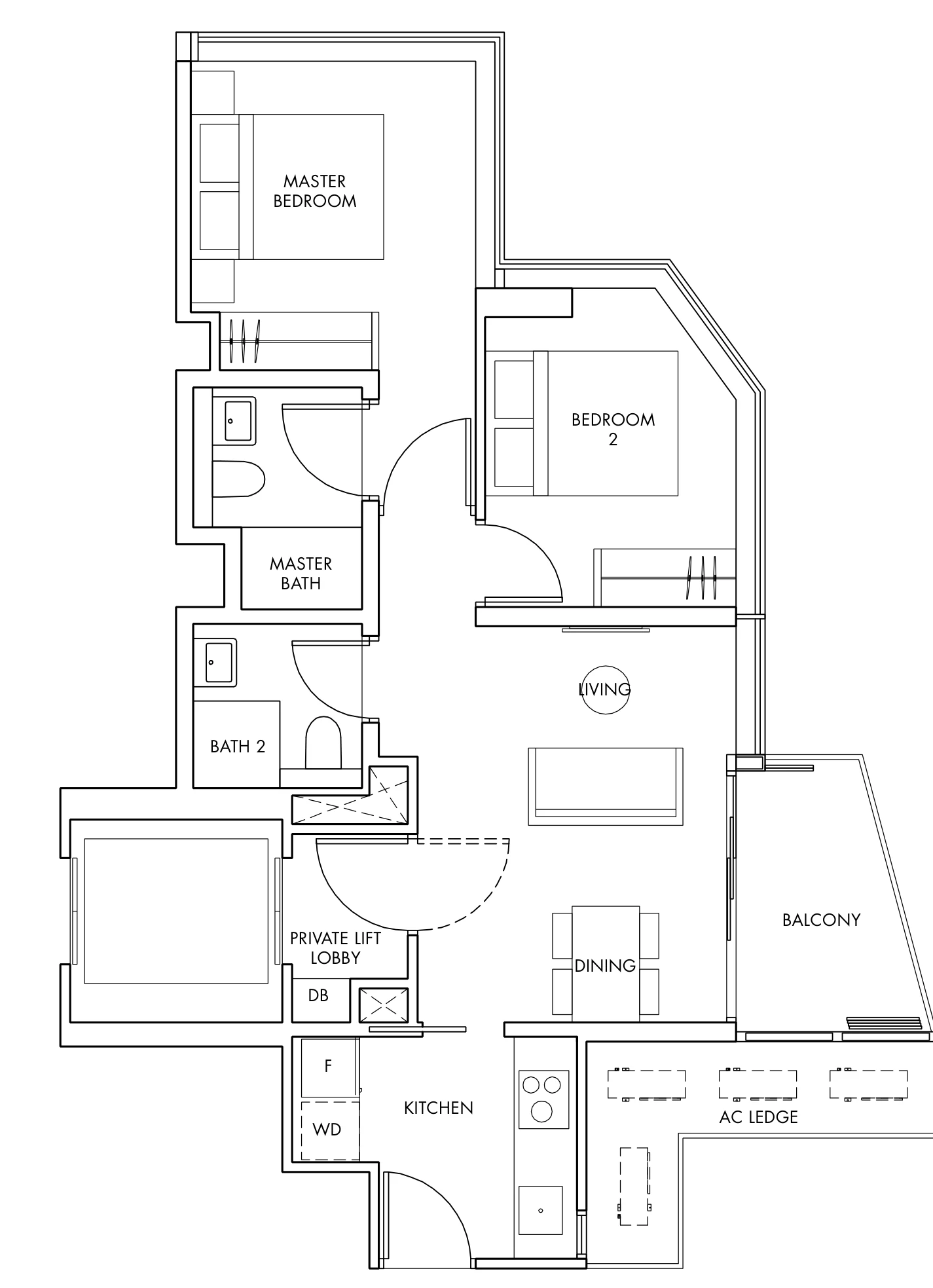 One Draycott floor plan, type B2: 2-Bedroom, 732 sq ft