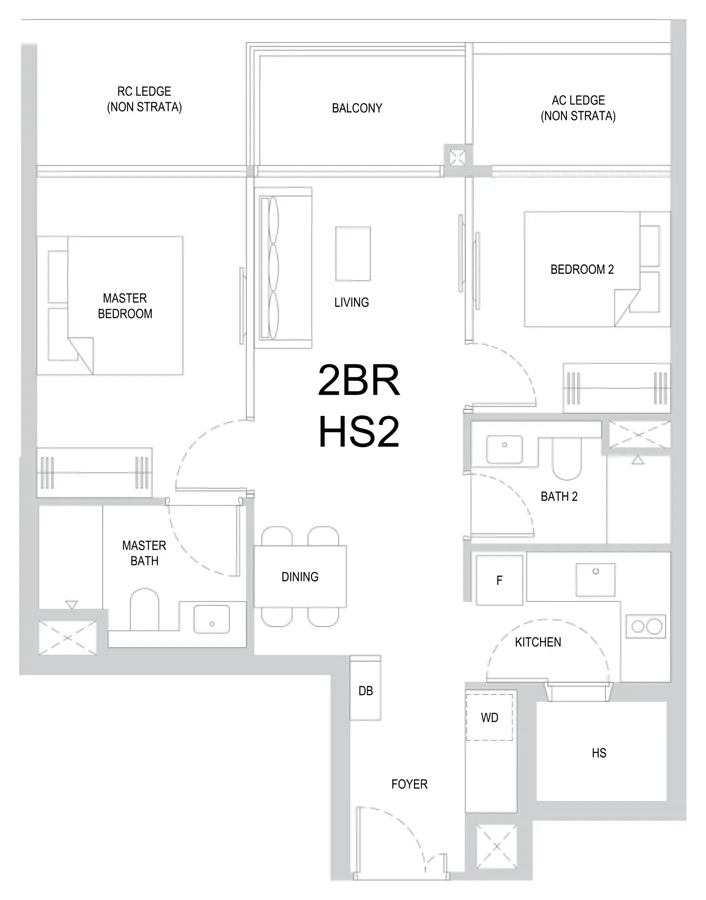 One Marina Gardens floor plan, type 2BR HS2: 2-Bedroom, 732 sq ft