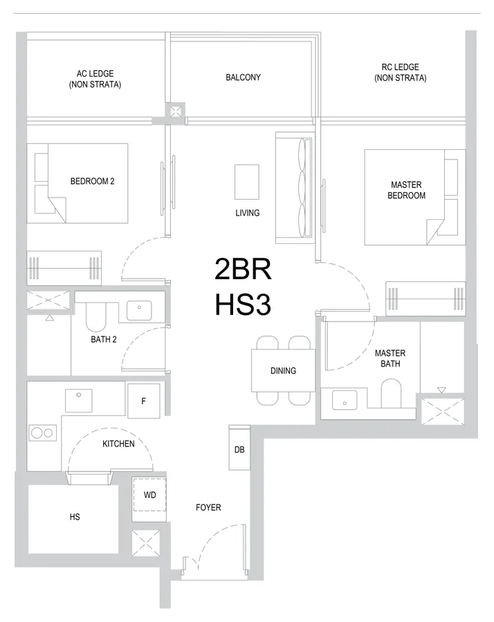One Marina Gardens floor plan, type 2BR HS3: 2-Bedroom, 689 sq ft